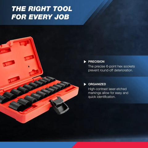 Open case of Three Eighth Inch Drive Impact Socket Set With 21 Shallow Sockets SAE Five Sixteenths To Three Quarters Inch And Metric Seven To Nineteen Millimeters Premium Cr-V Steel 6-Point Hex Design