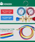 HVAC Manifold Gauge Set With Brass Body And Explosion Proof Lens, 3ft Hoses And R410A Adapters, includes gauges and hoses