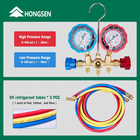 HVAC Manifold Gauge Set With Brass Body And Explosion Proof Lens, 3ft Hoses And R410A Adapters, includes gauges and hoses