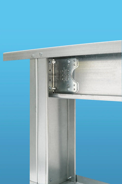 Close-up of MSSC 4.25 R50 Galvanized Steel Stud Clip 12 Gauge in metal frame, prepunched for quick installation, blue background
