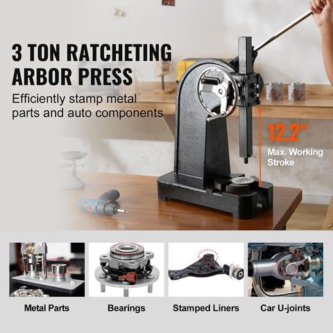 Heavy Duty 3 Ton Ratchet Arbor Press Built Like A Tank For The Daily Grind Featuring Smooth Handwheel Control and Solid Cast Iron Frame for Precision Punching Metal Stamping and Auto Shop Rig Work.