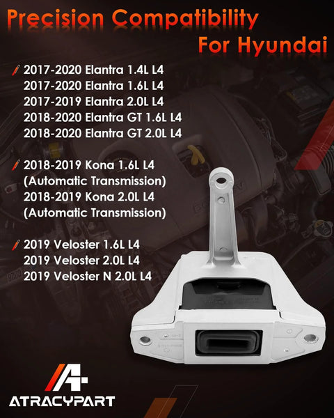 Engine Motor Mount Right Side Silver Aluminum Chassis Mount Compatible With 2017 To 2020 Hyundai Elantra GT Kona 1.4L 1.6L 2.0L Replaces 21810 J9000 21810 F2000 displayed with compatibility list.