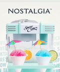 Retro Tabletop Snow Cone Machine With Two Reusable Cups And Sturdy Scoop displaying pink and blue snow cones with umbrellas.