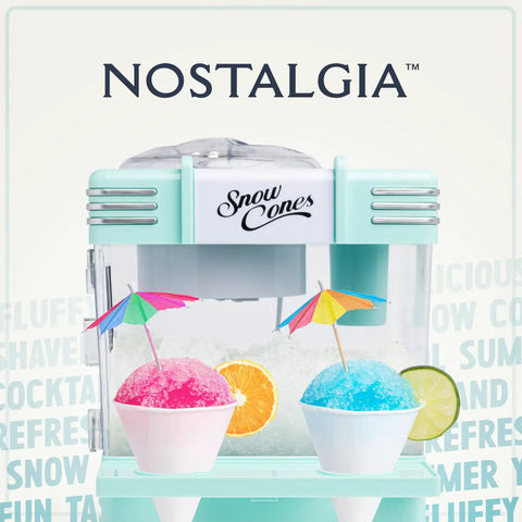 Retro Tabletop Snow Cone Machine With Two Reusable Cups And Sturdy Scoop displaying pink and blue snow cones with umbrellas.