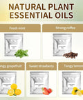 Natural plant essential oils in five packs: Fresh mint, strong coffee, tangy grapefruit, sweet strawberry, and tangy lemon shown.
