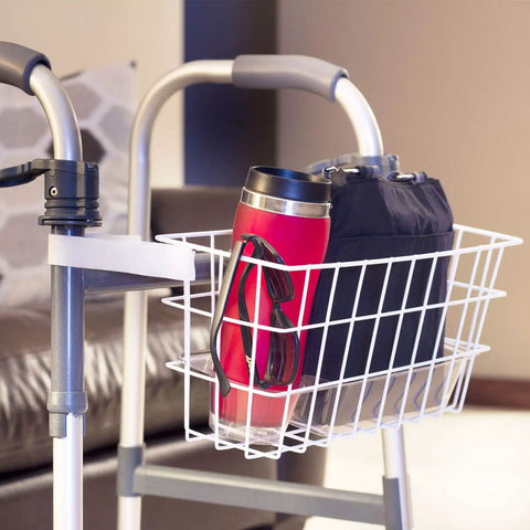 Durable Walker Basket With Built In Cup Holder And Tray For Folding Walkers, Quick No Tools Needed Install, Secure Storage for meds
