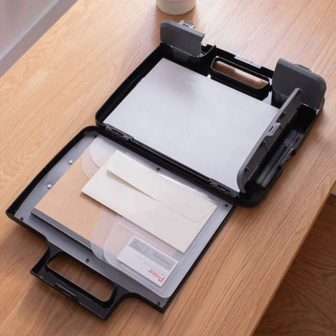 Everyday Carry Clipboard Organizer With Built In Calculator Water Resistant Document Case And Portable Writing Pad Holder For School And Office The 300 Sheet Capacity Organizer For Meetings, open black plastic clipboard on desk
