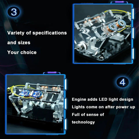 Electromagnet Engine Model With LED Design For 4 8 12 Coil Educational Lab Tool showing dual coil configurations and LED lights
