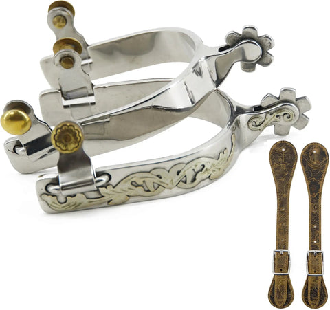 Stainless Steel Western Cowboy Spurs With Straps Engraved German Silver Trims Three Quarter Inch Rowel One Inch Shank Includes Spur Straps