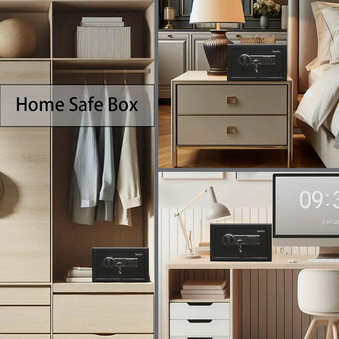 Durable Steel Security Safe With Digital Keypad And Emergency Power Port For Cash Jewelry And Documents in bedroom settings