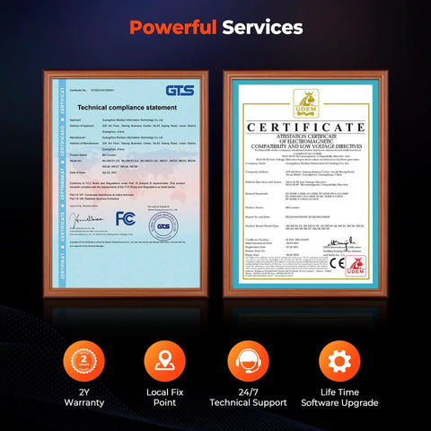 Certificates of compliance for Munbyn Imc08 Dual Pocket Money Counter Machine with technical support details.