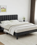 Heavy Duty Velvet Full Bed Frame With Piano Keys Headboard And Matching Footboard Solid Steel Platform Holds Mattress Directly No Box Spring Needed Quick Assembly Stylish Space Saver Black in modern bedroom setting.