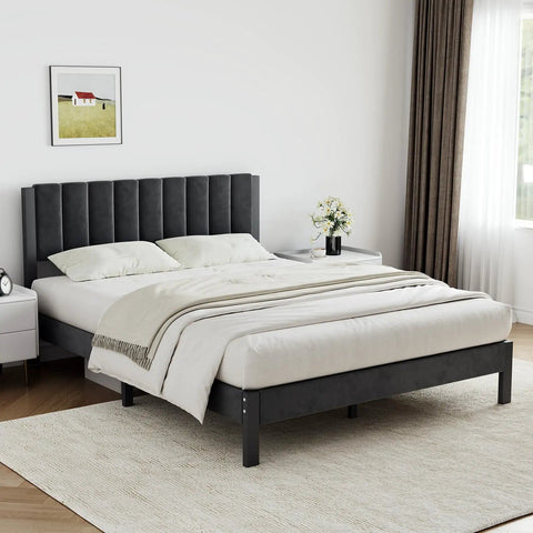 Heavy Duty Velvet Full Bed Frame With Piano Keys Headboard And Matching Footboard Solid Steel Platform Holds Mattress Directly No Box Spring Needed Quick Assembly Stylish Space Saver Black in modern bedroom setting.