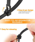 Close-up of 100 Pack Reusable Zip Ties 8 Inch Heavy Duty Outdoor UV Resistant Releasable 60 Lb Black Cable Ties with quick release design.