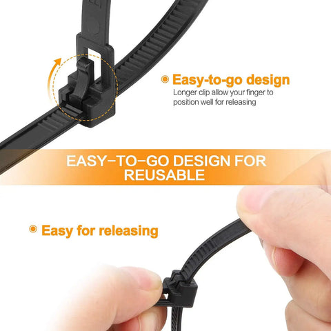 Close-up of 100 Pack Reusable Zip Ties 8 Inch Heavy Duty Outdoor UV Resistant Releasable 60 Lb Black Cable Ties with quick release design.