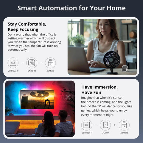 Woman using laptop with fan and smart thermometer, smart home automation display, Zigbee USB Smart Outlet With Timer, 5-22V DC Input, USB 2.0 Fast Charging Port, Alexa And Google Home Compatible, Stable Zigbee Repeater For Smart Home Devices And Lamps