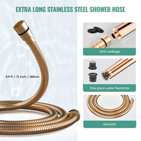 Extra long stainless steel shower hose with anti-leakage, one-piece water restrictor, and anti-kink design, 71-inch length.