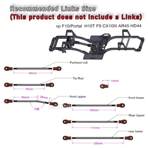 RC Carbon Fiber LCG Chassis Kit For 1/10 Scale Crawlers With Front Mounted Transmission Ultra Lightweight Multi Layer Carbon Fiber Frame Cab Body Mount Brace Compatible With SCX10 SCX10 II Capra 1.9 UTB And DIY Builds Colorful Finish diagram and recommended link sizes.
