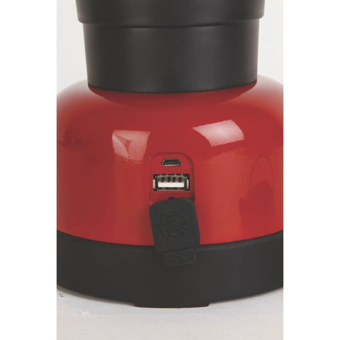 Close-up of USB port on red Rechargeable 400 Lumen LED Lantern With USB Charging Port Water Resistant Carry Handle Perfect For Camping Power Outages Emergencies And Home Use Great For Camping Trips And Home Emergencies