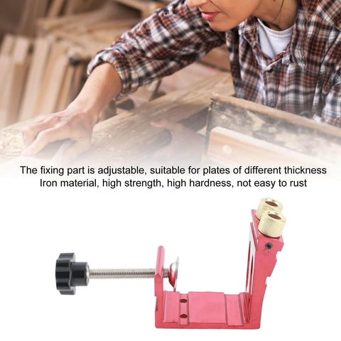 15 Degree Angled Hole Locator Jig for Woodworking, red metal drill guide with adjustable clamp shown in workshop setting.