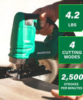 Lightweight 18V Cordless Jig Saw With 2,500 SPM, Four Cutting Modes, Tool-Less Blade Change, LED Light in use on wood.