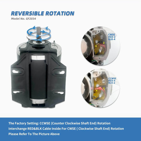 1/3HP 115V blower motor with reversible rotation feature, showing wiring details for 1725RPM 48 frame, includes 7.5uF 370V capacitor.