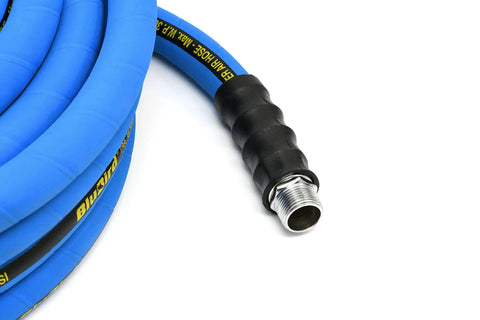 Heavy Duty 3/4 X 50 Ft Rubber Air Hose Rated For 300 Psi With Reinforced Braid showing solid brass connector.