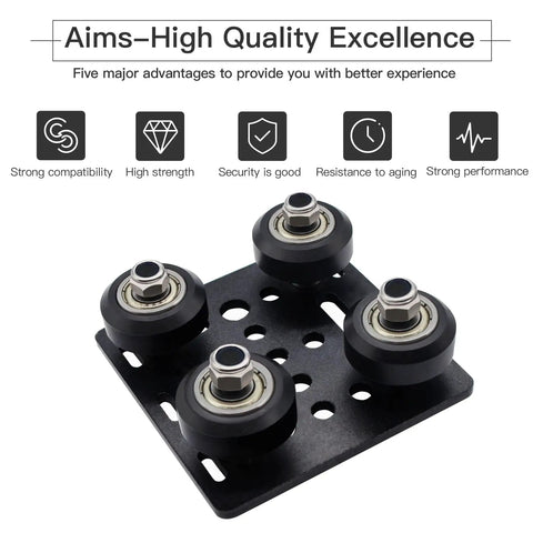 V Slot Gantry Plate Set With POM Wheels For Aluminum Extrusion 2 Pack 3D Printer Accessory Built For Smooth Precise And Efficient Motion On Your Rig Ideal For DIY 3D Printing Enthusiasts And CNC Projects Lightweight Durable Components Easy Install, black gantry plate with four POM wheels