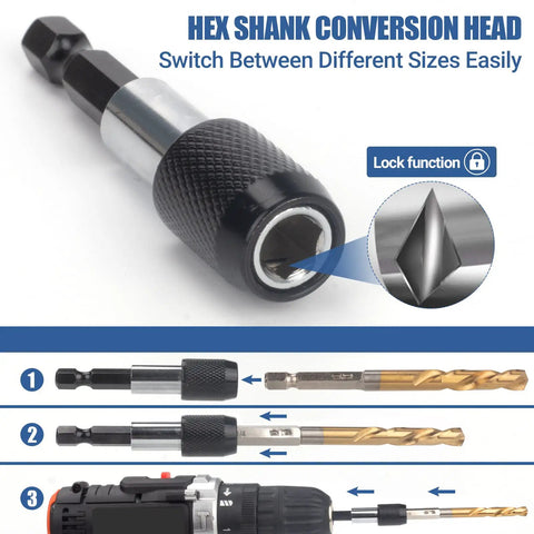 Hex shank conversion head for 11 Piece Screw Extractor Set For Broken Screws And Bolts Metric Easy Out With Reverse Drill Bits