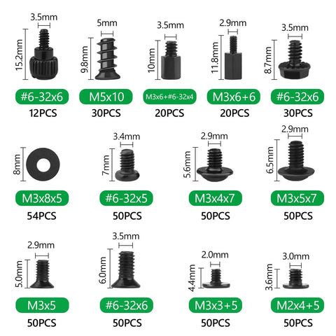 Assorted screws and standoffs from the 516Pcs Computer Screw Kit With 6-32 And M3 Standoffs Carbon Steel Black Zinc Plated Case Screws.