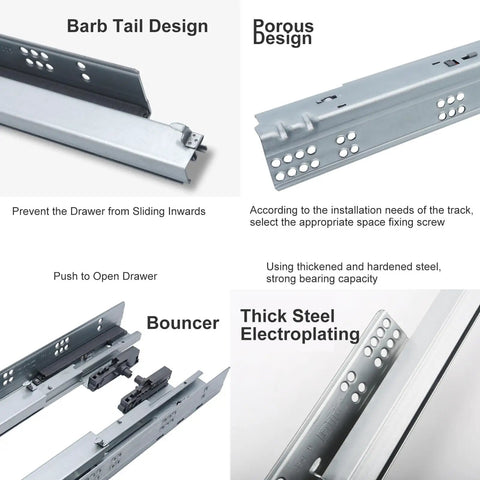 Push To Open Undermount Drawer Slides With Full Extension Three Section Rails showing barb tail and porous design