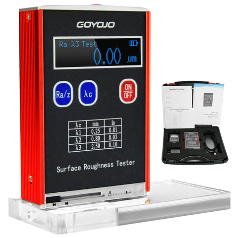 Surface Roughness Tester With 0.01μm Precision, Portable Roughness Gauge shown with display, case, and accessories