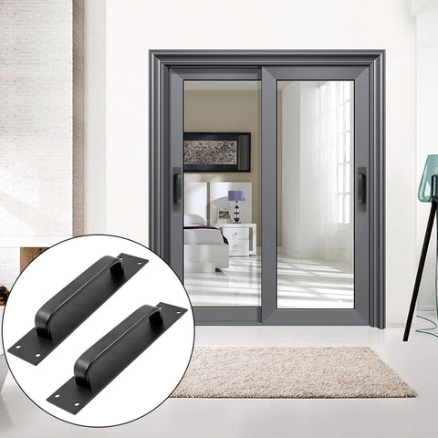 Two Pack Sliding Barn Door Handle Set In Black 7.9 Inch Aluminum Alloy Door Pull installed on modern interior sliding doors.