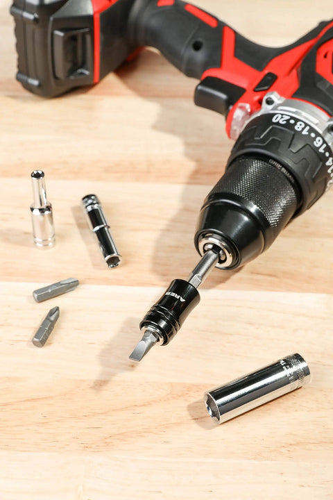 2 In 1 Socket Bit Holder For One Quarter Inch Drive Sockets And Bits With Quick Change Mechanism on drill, tools scattered