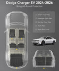 Diagram of Dodge Charger EV Daytona 2024-2026 showing all weather floor mats, cargo, and seatback mats with labels and side view.