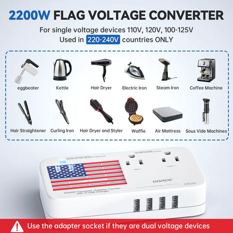 2200W voltage converter with US flag design for travel, supporting devices like hair straighteners, irons, and electronics.