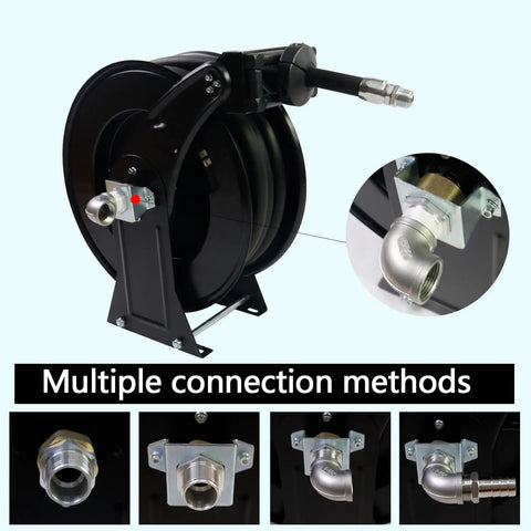 Retractable Three Quarter Inch Fuel Hose Reel 33 Feet With Nozzle And Swivel Diesel Reel Built To Last Auto Spring Driven 300 PSI Industrial Steel Construction NBR Rubber Hose For Farm Factory And Workshop, multiple connection methods