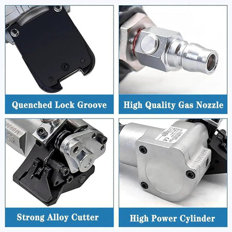 Close-up features of Boss Tier Pneumatic Steel Strapping Machine Heavy Duty Industrial Banding Tool for metal strap use.