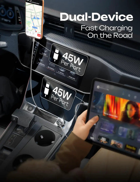 Inside a car with a 90W Dual PD3.0 Car Charger With USB-C And Lightning Cable Included, charging phone and tablet simultaneously.