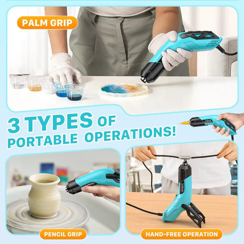Powerful Mini Heat Gun With Dual Temps 554 F And 896 F 350W Hot Air Tool demo with palm grip, pencil grip, and hands-free use.