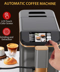 Fully Automatic Espresso Maker With Built In Grinder And Automatic Milk Frother For Killer Cappuccinos And Lattes Featuring Intuitive Touch Display showing touchscreen and coffee drinks.