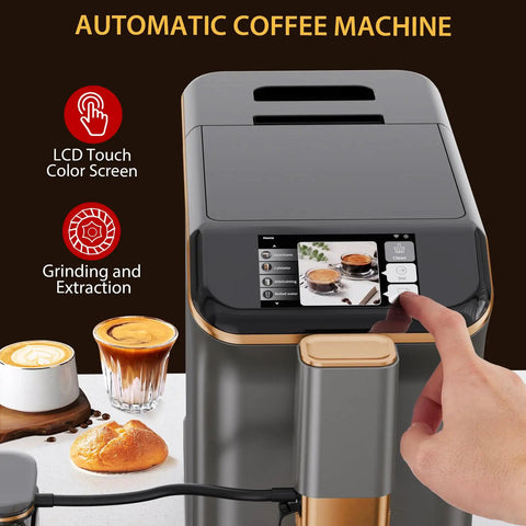 Fully Automatic Espresso Maker With Built In Grinder And Automatic Milk Frother For Killer Cappuccinos And Lattes Featuring Intuitive Touch Display showing touchscreen and coffee drinks.