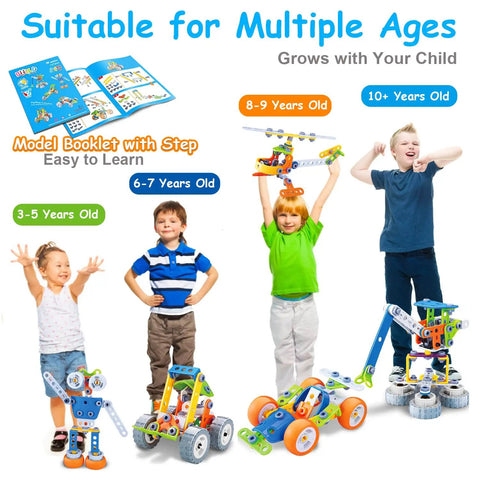 Children playing with Totally Fun 10 In 1 STEM Building Set For Kids Ages 4 To 8 A 167 Piece Creative Engineering Kit in various models