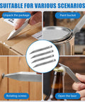 8 Piece Stainless Steel EDC Pry Bar Set For Everyday Carry shown opening a box, paint can, bottle, and turning a screw.