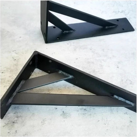 2 Pack Straight Up Heavy Duty Triangle Shelf Brackets Built Like A Tank For Wall Mounted Floating Shelves Rugged Carbon Steel Corner Supports With Mounting Hardware Matte Black 31.5 Inches on a surface.