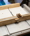 Aluminum T Track 1.2 Inch M8 Slot Slider For Router Table And Miter Saw Fixtures, Double Cut Pre Drilled Mount Holes, 4 Pack Silver T Slot Rail For Woodworking And Crosscut Sled Pro Grade Heavy Duty Easy Mount installed on a table saw crosscut sled
