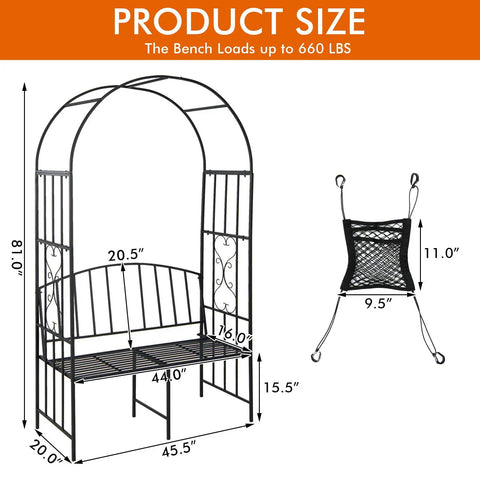 81 Inch Garden Arch With Bench Outdoor Arbor Trellis For Climbing Plants And Vines Two Seat Bench Supports Up To 660 Lbs Ideal Patio Pergola For Weddings Parties And Scenic Garden Entry Decor with dimensions and load capacity details.