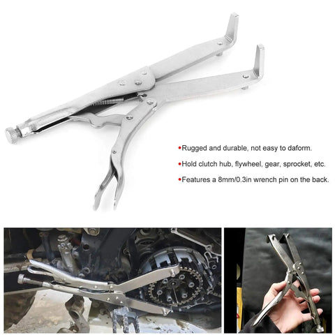 Heavy Duty Clutch Holding Tool With Square Tooth Hub Holder For Flywheel And Gear Restraint 5 Inch Adjustable Jaws 8mm Wrench Pin Pro Grade Medium Carbon Steel Build For Tough Shop Jobs, silver tool with open jaws