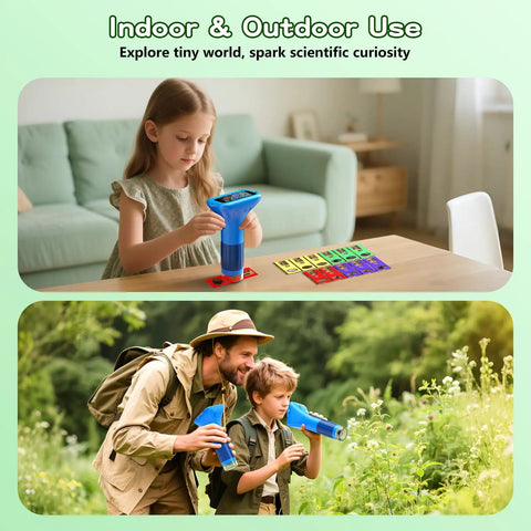 1000X Digital Kids Microscope Kit For Curious Learners With 12 Slides And A 2 Inch Screen Blue Kid Friendly And Super Fun For Exploring Cells Insects Coins And More 100X To 1000X Magnification, child using blue digital microscope indoors and outdoors