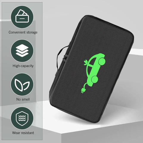 Waterproof EV Charging Cable Organizer Bag That Keeps Your Stash Shipshape With A Street Smart Rectangle Design Built Tough For Cars Trucks And Hassle Free Garage Storage, 18x10.7x4.7 inch, wear-resistant, with green car graphic.